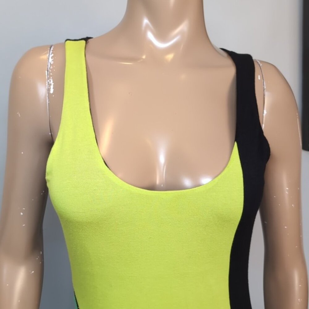 💠Bebe Addiction Colour Block Maxi Dress Women' Size Small Neon Green Sleeveless - Picture 3 of 15